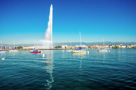 Geneva, Switzerland - June 23, 2016: Jet d'Eau fountain in Geneva. It is a largest fountain in Geneva and is one of the city's most famous landmarks.のeditorial素材