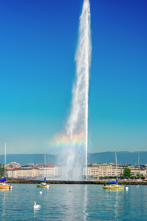 Geneva, Switzerland - June 23, 2016: Jet d'Eau fountain in Geneva. It is a largest fountain in Geneva and is one of the city's most famous landmarks.のeditorial素材