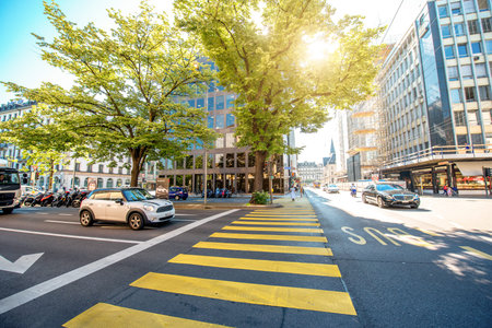 Geneva, Switzerland - June 23, 2016: Street view with office buildings in the modern district in...