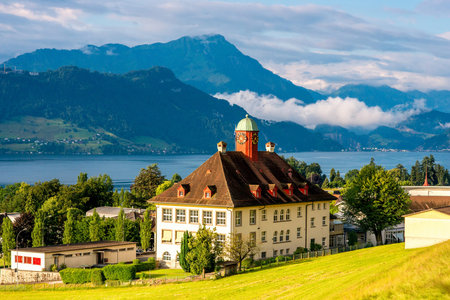 Landscape view lucerne lake with old town hall in Switzerland
