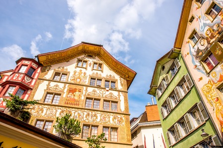 Lucerne, Switzerland - June 27, 2016: Beautiful painted houses in the old town of Lucerne city in Switzerlandのeditorial素材
