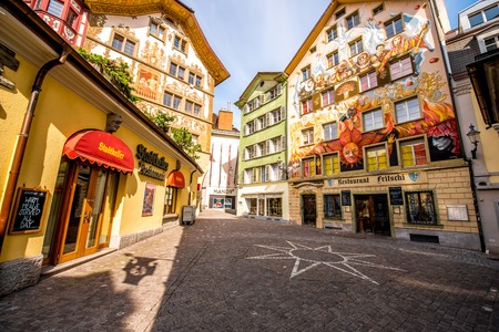 Lucerne, Switzerland - June 27, 2016: Beautiful painted houses in the old town of Lucerne city in Switzerlandのeditorial素材