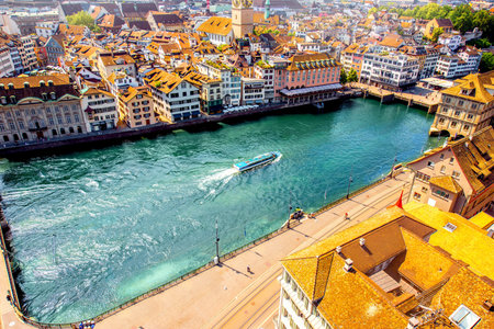 Aerial panoramic cityscape view on the old town of Zurich city in Switzerlandの写真素材