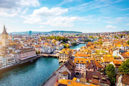 Aerial panoramic cityscape view on the old town of Zurich city in Switzerlandの写真素材