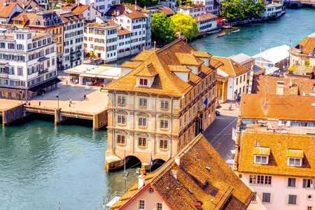 Aerial view on the town hall and bridge in Zurich city in Switzerlandの写真素材