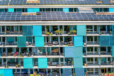 Zurich, Switzerland - June 28, 2016: Modern residential building's facade with solar panels in Oerlikon district in Zurich in Switzerlandのeditorial素材