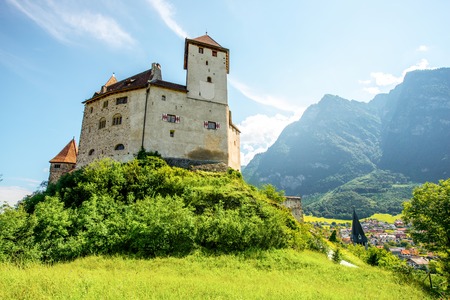 Balzers, Liechtenstein - July 01, 2016: Landscape view on Gutenberg castle in Balzers town at the morningのeditorial素材