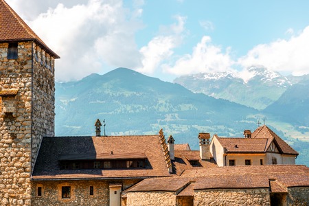Vaduz, Liechtenstein - July 01, 2016: Landscape view on the roofs of Vaduz castle in the capital of Liechtenstein. This castle is the palace and official residence of the Prince of Liechtensteinのeditorial素材