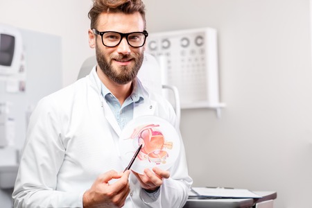 Portrait of handsome ophthalmologist with eye model in front of the eye chart in the cabinetの写真素材