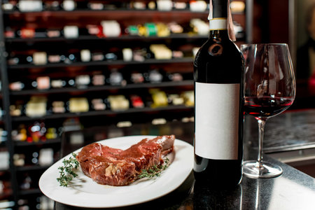 Meat steak with red wine on the table in restaurant or food market. Bottle with empty label to copy...