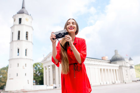 Portrait of a young female tourist with photo camera on the cathedral square in front of the famous...