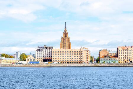 View on the riverside with Science Academy skyscraper in Riga, Latviaの写真素材