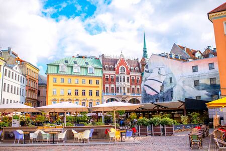 Riga, Latvia - September 22, 2016: Dome square with cafes and restaurants in the old town's center of Riga cityのeditorial素材