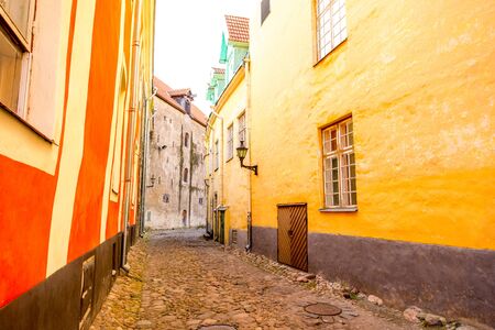 Street view with colorful buildings in the old town of Tallinn, Estoniaの写真素材