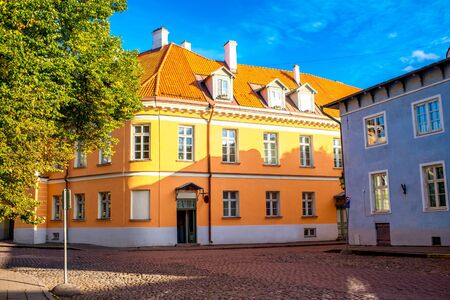 Street view with colorful buildings in the old town of Tallinn, Estoniaの写真素材