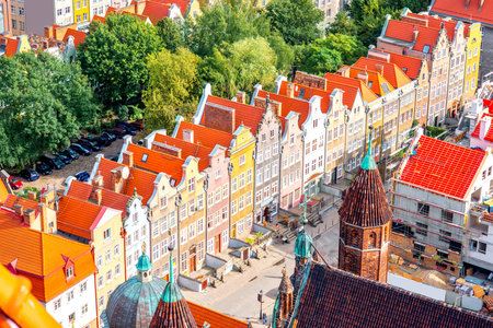 Aerial cityscape view on the old town with beautiful coorful buildings in Gdansk, Poland