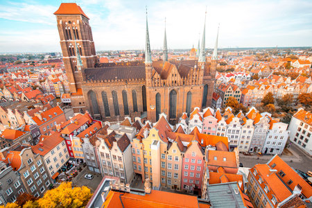 Cityscape aerial view on the old town with saint Marys church in Gdansk, Poland