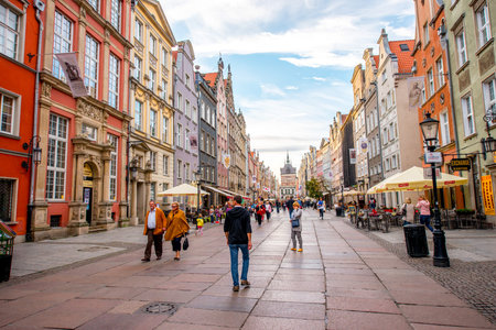 Gdansk, Poland - September 29, 2016: View on the central street with tourists in the old town of...