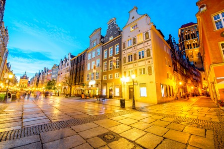 Night view on the illuminated main street in the center of the old town in Gdansk, Polandの写真素材