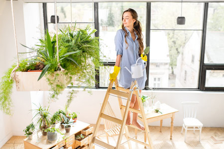 Young gardener in the orangery with green plantsの写真素材