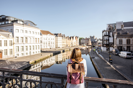 Woman traveling in Gent old town, Belgiumの写真素材