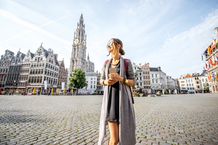 Woman traveling in Antwerpen city, Belgiumの写真素材