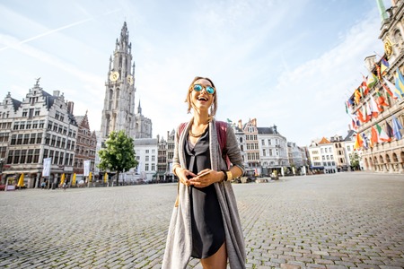 Woman traveling in Antwerpen city, Belgiumの写真素材