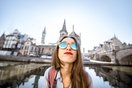 Woman traveling in Gent old town, Belgiumの写真素材