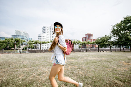 Woman traveling in Dusseldorf city