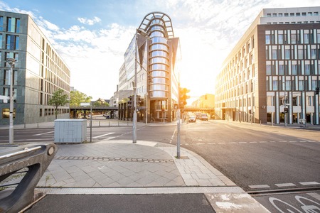 Morning cityscape view on the modern financial district near the Crown Prince bridge in Berlin cityの写真素材