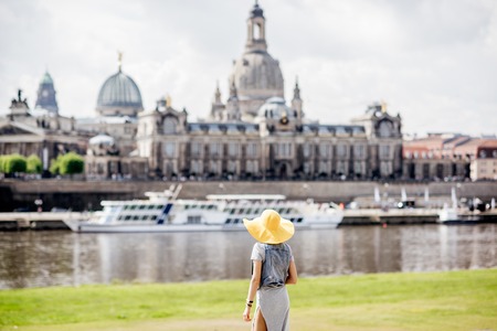 Woman traveling in Dresden city, Germanyの写真素材