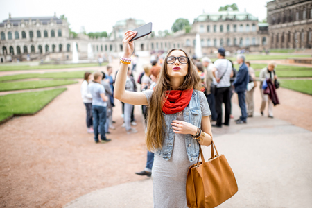 Woman traveling in Dresden city, Germanyの写真素材