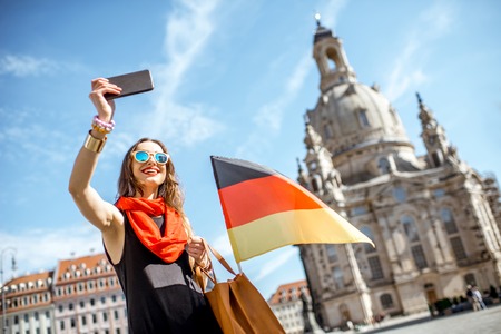 Woman traveling in Dresden city, Germanyの写真素材