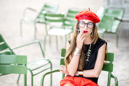 Woman smoking outdoorsの写真素材