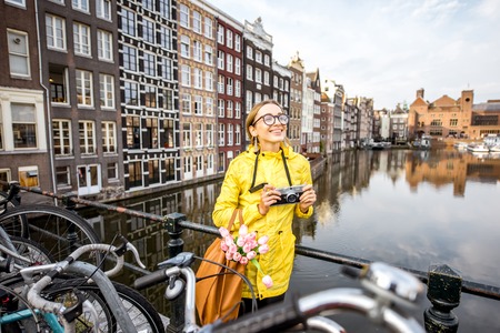 Woman traveling in Amsterdamの写真素材
