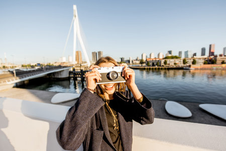 Woman traveling in Rotterdamの写真素材