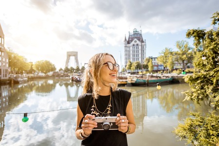 Woman traveling in Rotterdamの写真素材