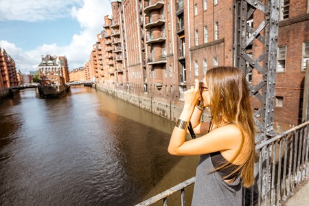 Woman tourist in Hamburgの写真素材
