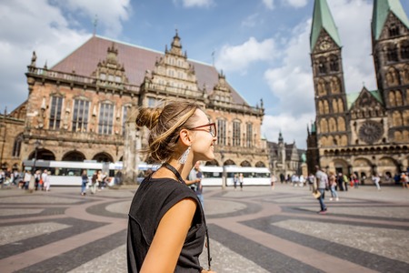 Woman traveling in Bremen cityの写真素材