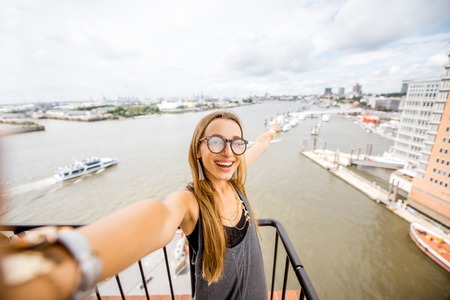 Woman traveling in Hamburg, Germanyの写真素材