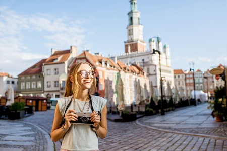 Woman traveling in Poznan, Polandの写真素材