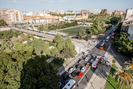 VALENCIA, SPAIN - August 18, 2017: Aerial cityscape view from serranos tower on the residential district and park in Valencia city in Spainのeditorial素材