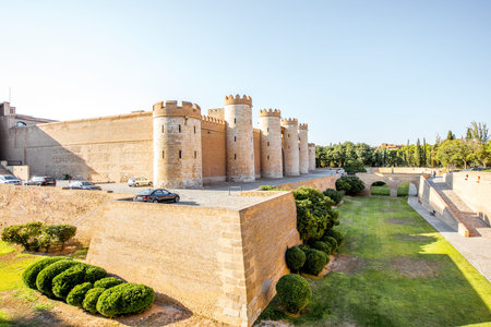 ZARAGOZA, SPAIN - August 20, 2017: View on the Aljaferia Palace during the sunset, fortified...