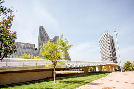 ZARAGOZA, SPAIN - August 21, 2017: View on the Water Tower, building of international exposition held in 2008 and designed by Enrique de Teresaのeditorial素材