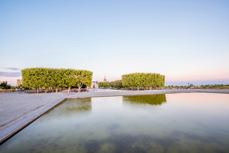 View on the Peyrou gardens with fountain during the evening light in Montpellier city in southern Franceの写真素材