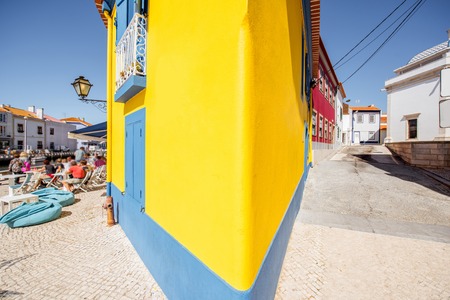 Beautiful yellow building in the old town of Aveiro city in Portugalの写真素材