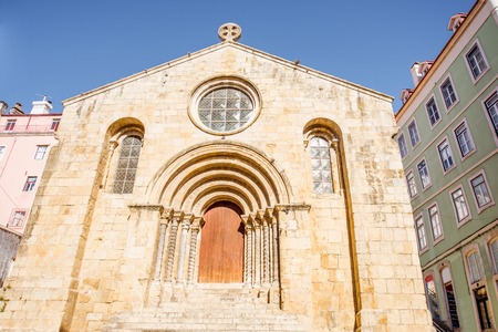 Facade view on the saint Tiago church in Coimbra cty in the central Portugalの写真素材