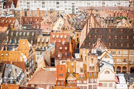 Aerial cityscape view on the old town of Strasbourg city in Franceの写真素材