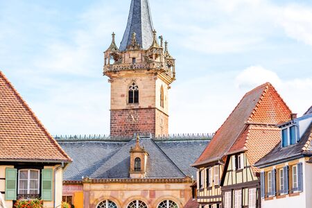 Cityscape view on the old village with medieval tower in Obernai town in Alsace region, Franceの写真素材