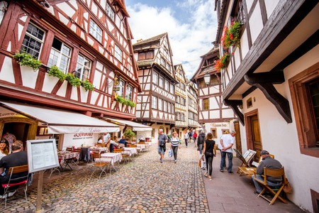 STRASBOURG, FRANCE - July 26, 2017: View on the beautiful half-timbered ancient houses in Strasbourg old town in Alsace region, Franceのeditorial素材